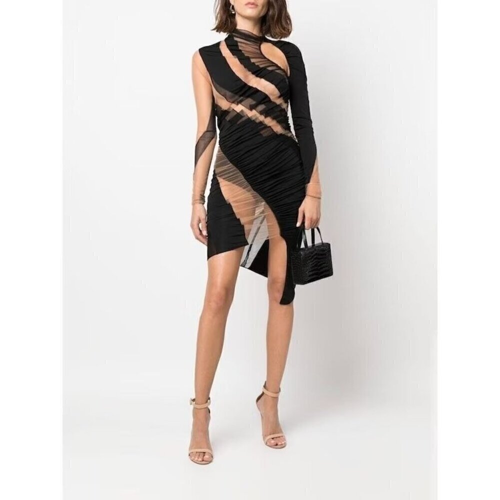 Mugler Swirling Patchwork Dress in Multicolor Black 36 4 New Womens long sleeve